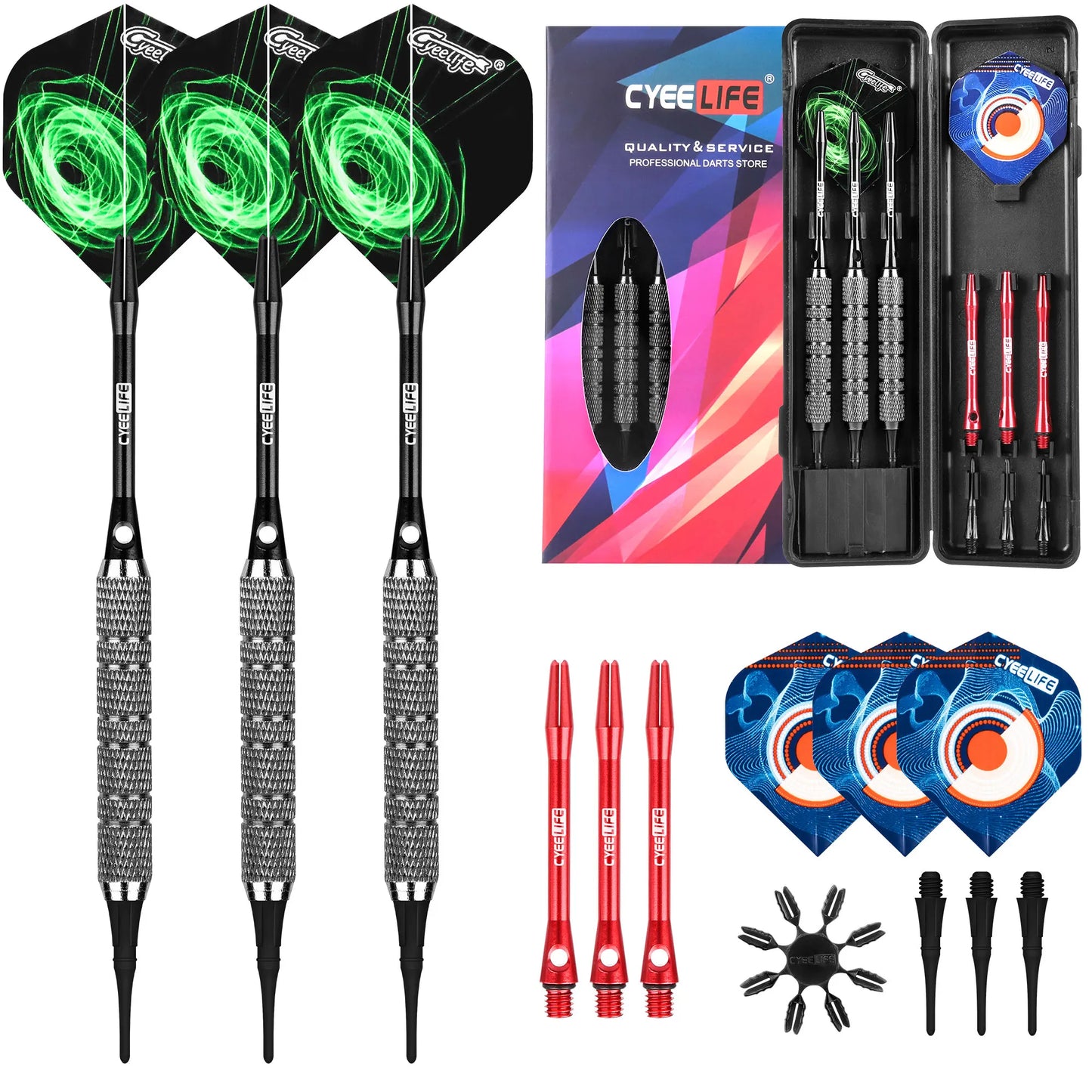 16g/18g/22g CyeeLife Darts Set with Carry Case, 6 Aluminium Shafts (2 Colors)+Extra Flights+Plastic Protectors