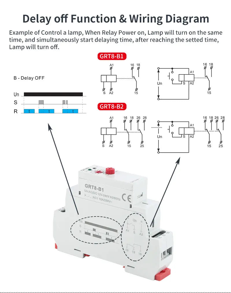 GEYA GRT8-B Off Delay Time Relay Electronic 16A AC230V OR AC/DC12-240V CE CB Approved