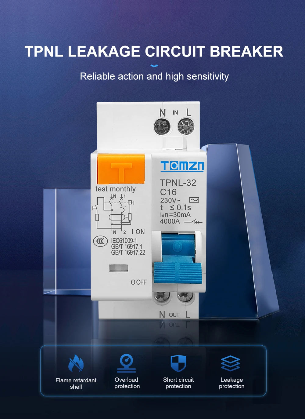 TPNL DPNL 230V 1P+N Residual current Circuit breaker with over and short current Leakage protection RCBO MCB