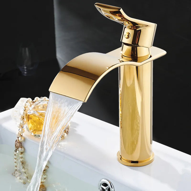 Basin Faucet Gold and white Waterfall Faucet Brass Bathroom Faucet Mixer Tap Hot and Cold Sink