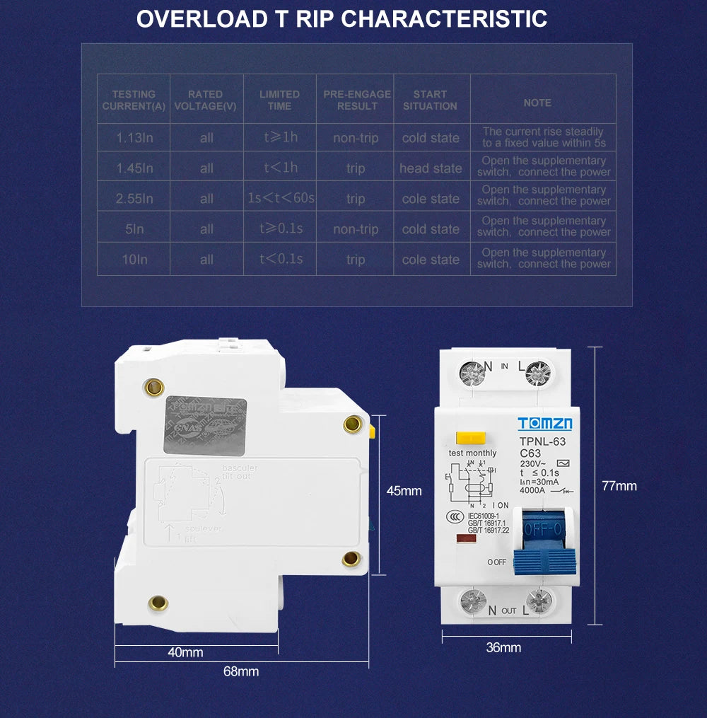 TPNL DPNL 230V 1P+N Residual current Circuit breaker with over and short current Leakage protection RCBO MCB