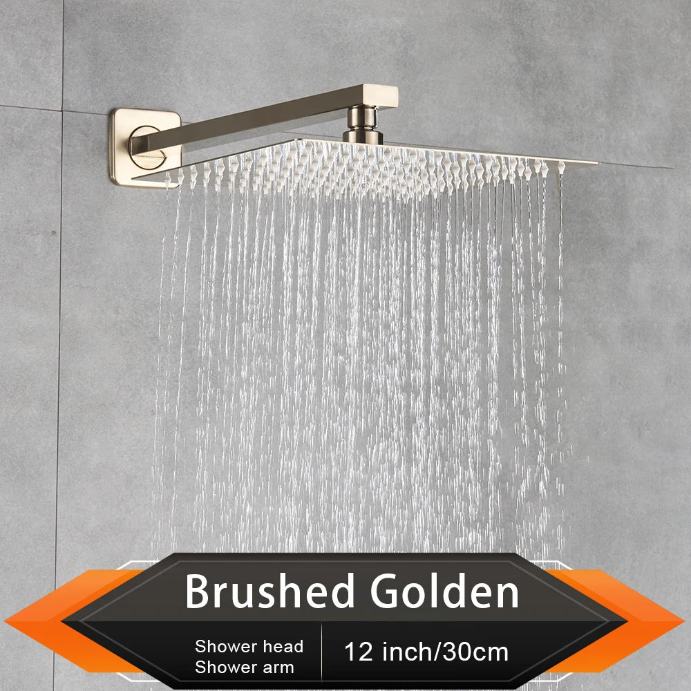 Rozin Brushed Golden Rainfall Shower Head 8/10/12" with Wall Mounted Shower Arm