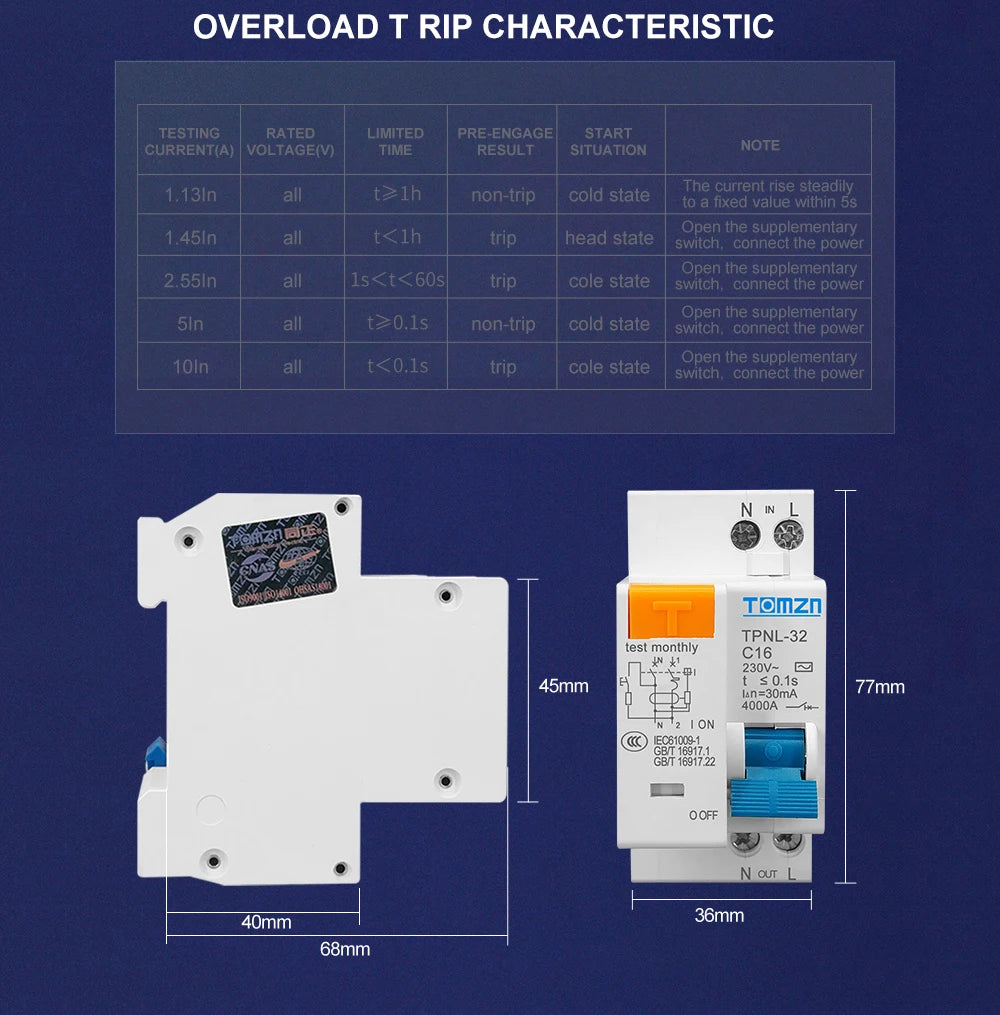 TPNL DPNL 230V 1P+N Residual current Circuit breaker with over and short current Leakage protection RCBO MCB