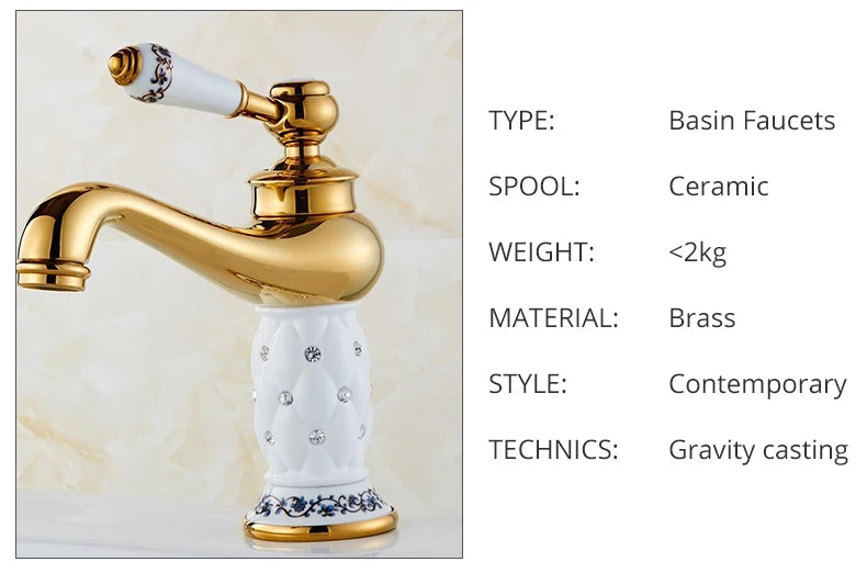 Diamond Gold Bathroom Faucet Single Handle Mixer Tap Hot and Cold Water