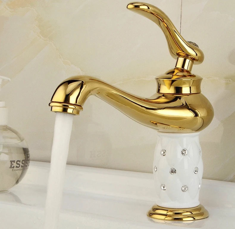 Diamond Gold Bathroom Faucet Single Handle Mixer Tap Hot and Cold Water