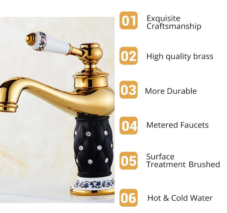 Diamond Gold Bathroom Faucet Single Handle Mixer Tap Hot and Cold Water