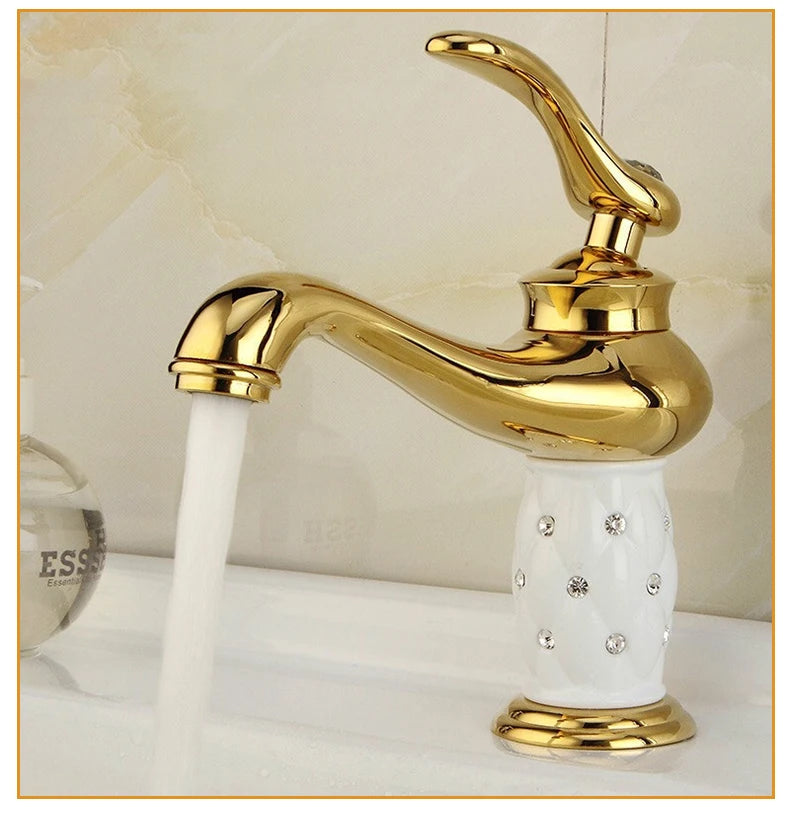 Diamond Gold Bathroom Faucet Single Handle Mixer Tap Hot and Cold Water