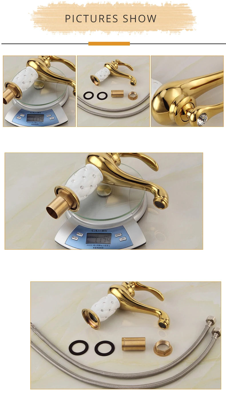 Diamond Gold Bathroom Faucet Single Handle Mixer Tap Hot and Cold Water