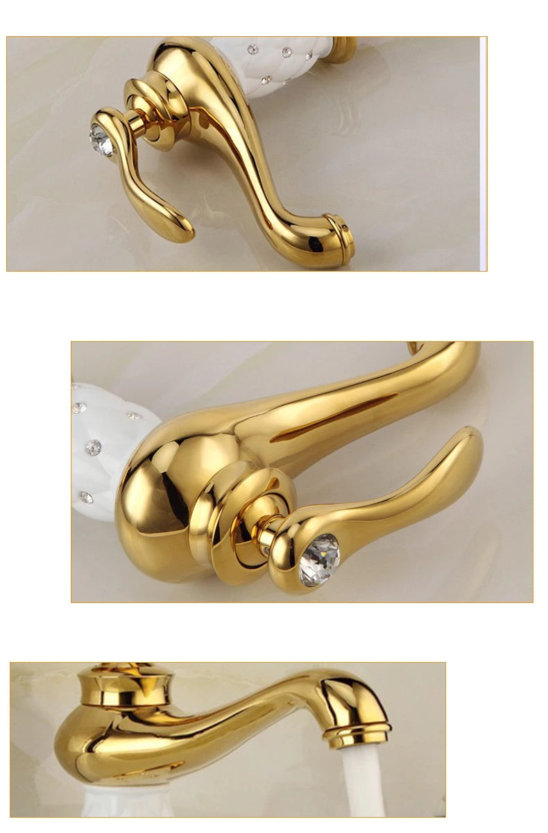 Diamond Gold Bathroom Faucet Single Handle Mixer Tap Hot and Cold Water