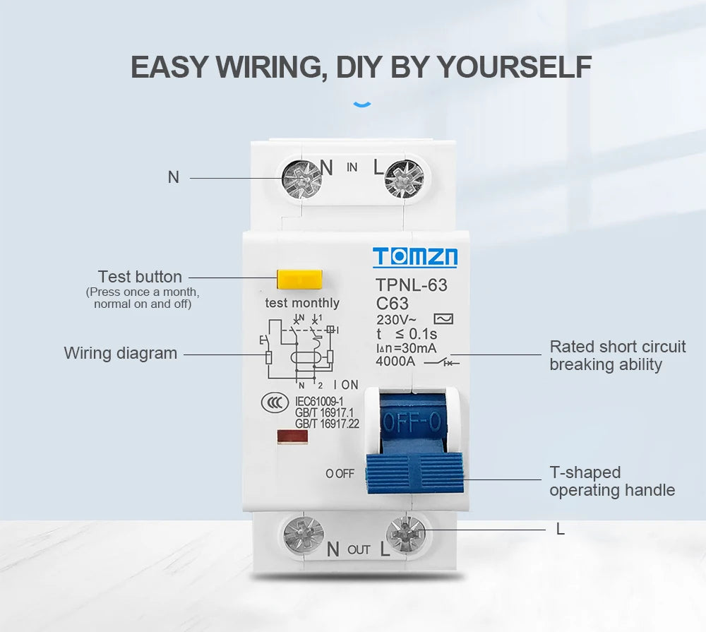 TPNL DPNL 230V 1P+N Residual current Circuit breaker with over and short current Leakage protection RCBO MCB