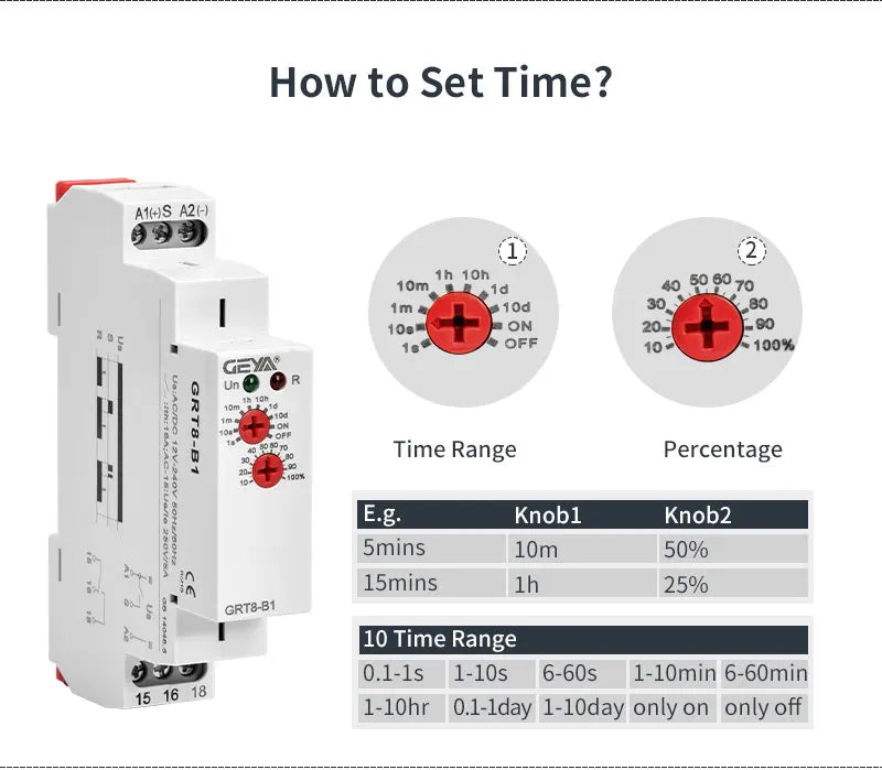 GEYA GRT8-B Off Delay Time Relay Electronic 16A AC230V OR AC/DC12-240V CE CB Approved