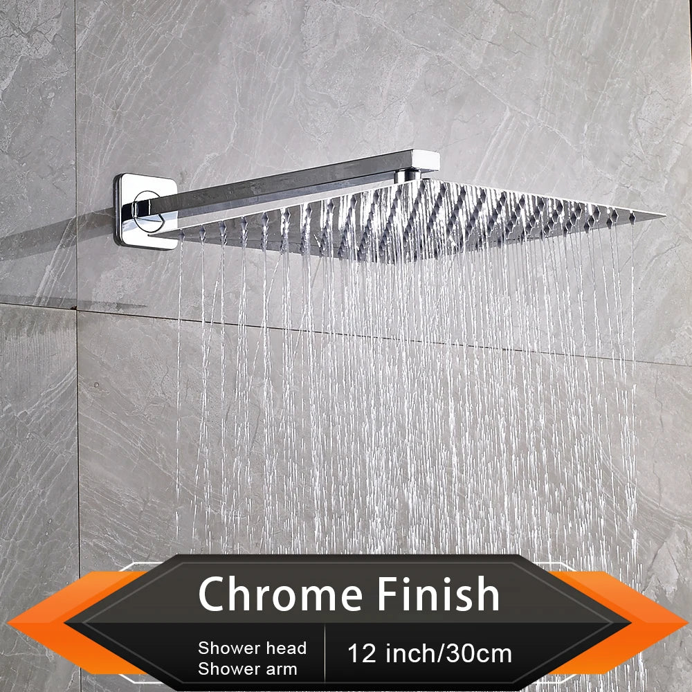 Rozin Brushed Golden Rainfall Shower Head 8/10/12" with Wall Mounted Shower Arm