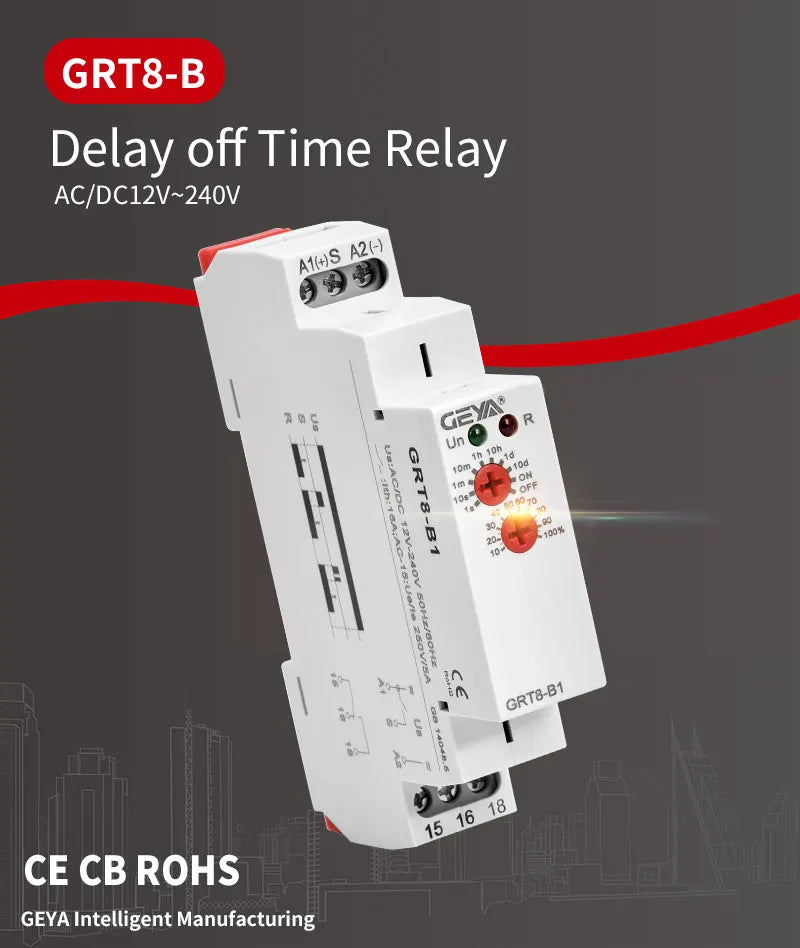 GEYA GRT8-B Off Delay Time Relay Electronic 16A AC230V OR AC/DC12-240V CE CB Approved