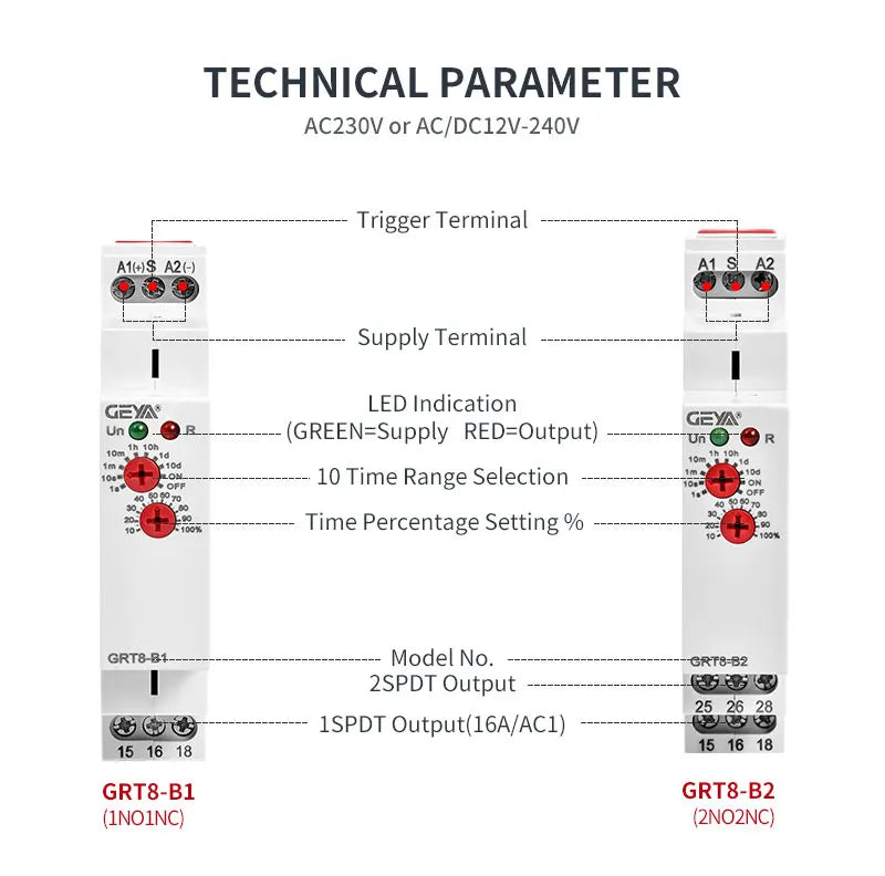 GEYA GRT8-B Off Delay Time Relay Electronic 16A AC230V OR AC/DC12-240V CE CB Approved