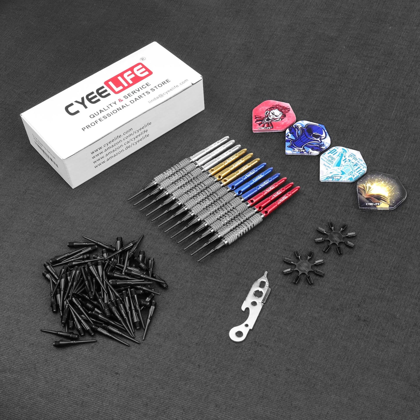 13g/15g CyeeLife Darts with Aluminium Shafts 4 Colors,12 Flights+Tool+100 Plastic points+16 Protectors