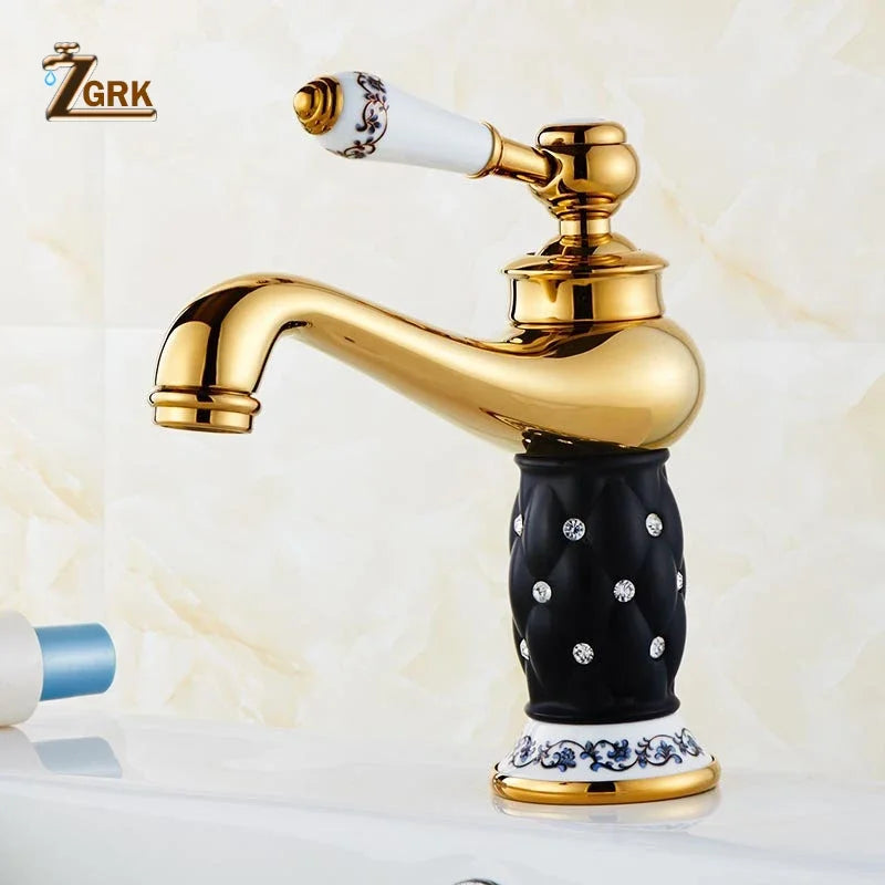 Diamond Gold Bathroom Faucet Single Handle Mixer Tap Hot and Cold Water