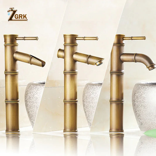 Brass Basin Faucets Luxury Tap Tall Bamboo Hot Cold Water with Two Pipes