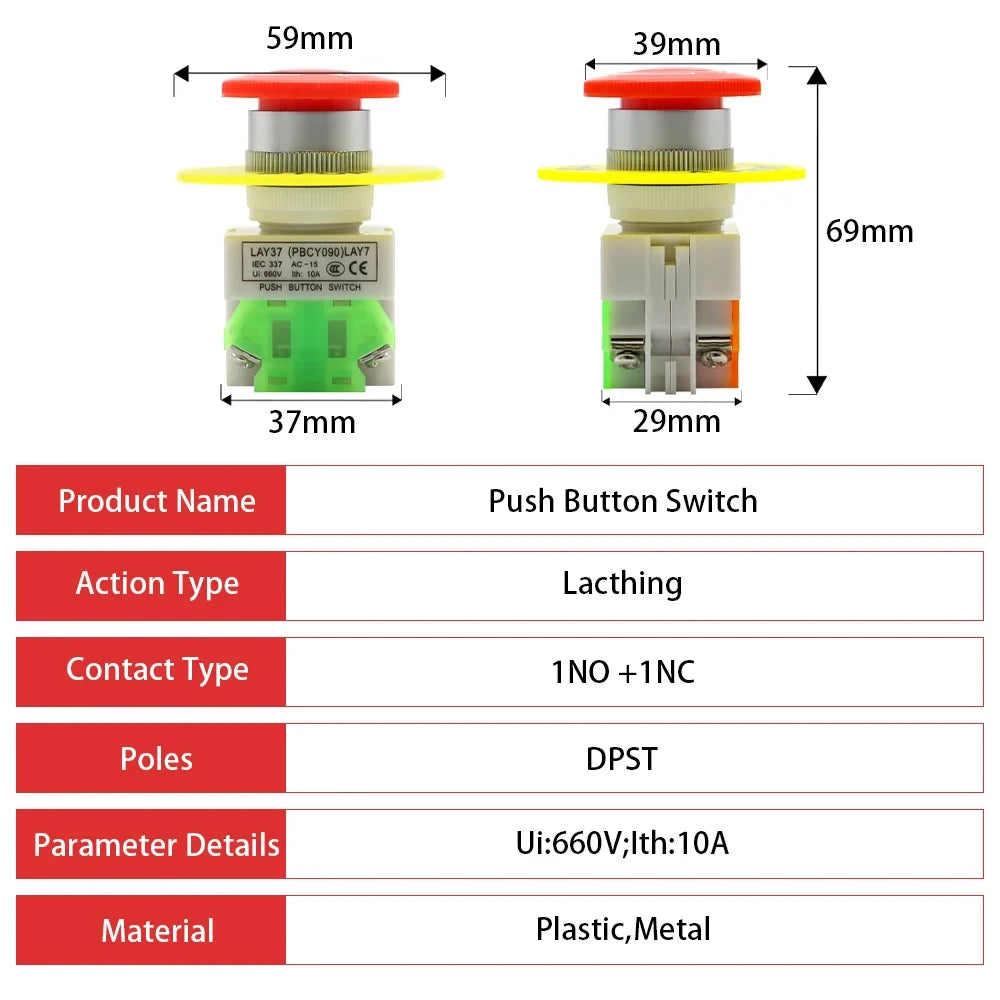 Red Mushroom Cap 1NO 1NC DPST Emergency Stop Push Button Switch