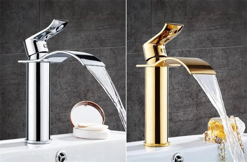 Basin Faucet Gold and white Waterfall Faucet Brass Bathroom Faucet Mixer Tap Hot and Cold Sink