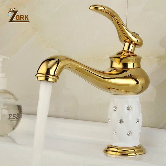 Diamond Gold Bathroom Faucet Single Handle Mixer Tap Hot and Cold Water