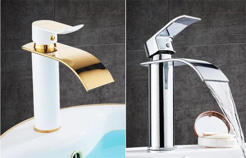 Basin Faucet Gold and white Waterfall Faucet Brass Bathroom Faucet Mixer Tap Hot and Cold Sink