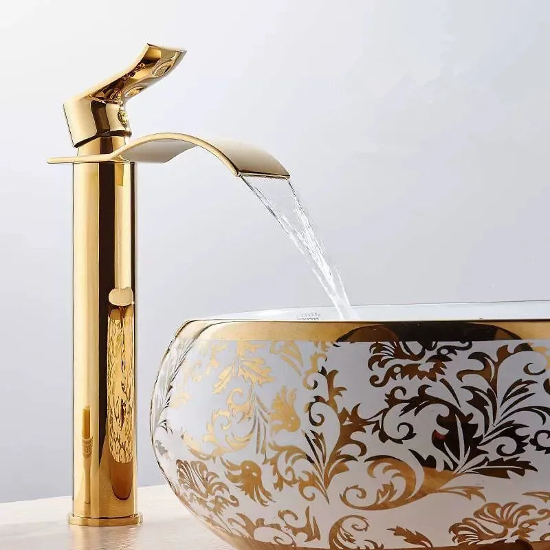 Basin Faucet Gold and white Waterfall Faucet Brass Bathroom Faucet Mixer Tap Hot and Cold Sink