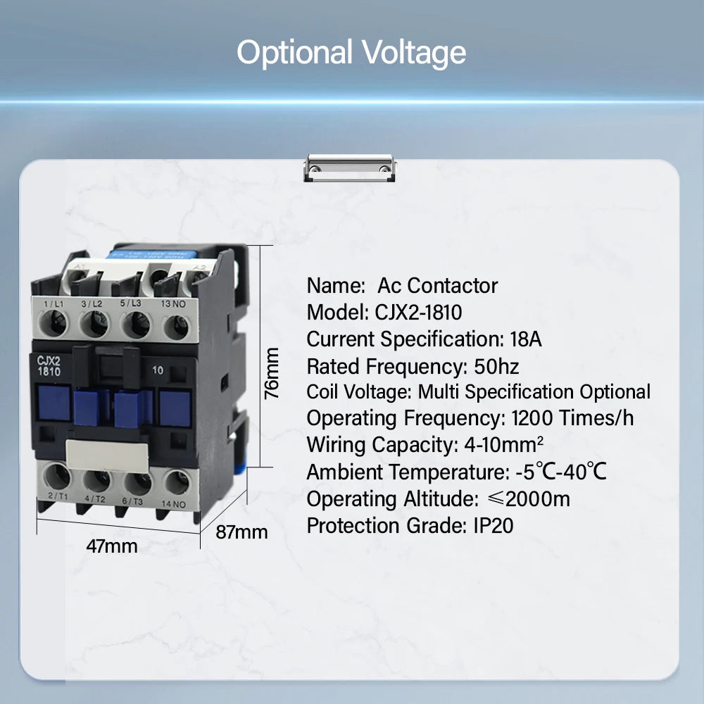 CJX2-1810 LC1 AC Contactor 18A 3 Phase 3-Pole NO Coil Voltage 380V 220V 110V 36V 24V 50/60Hz Din Rail Mounted 3P+1NO Normal Open