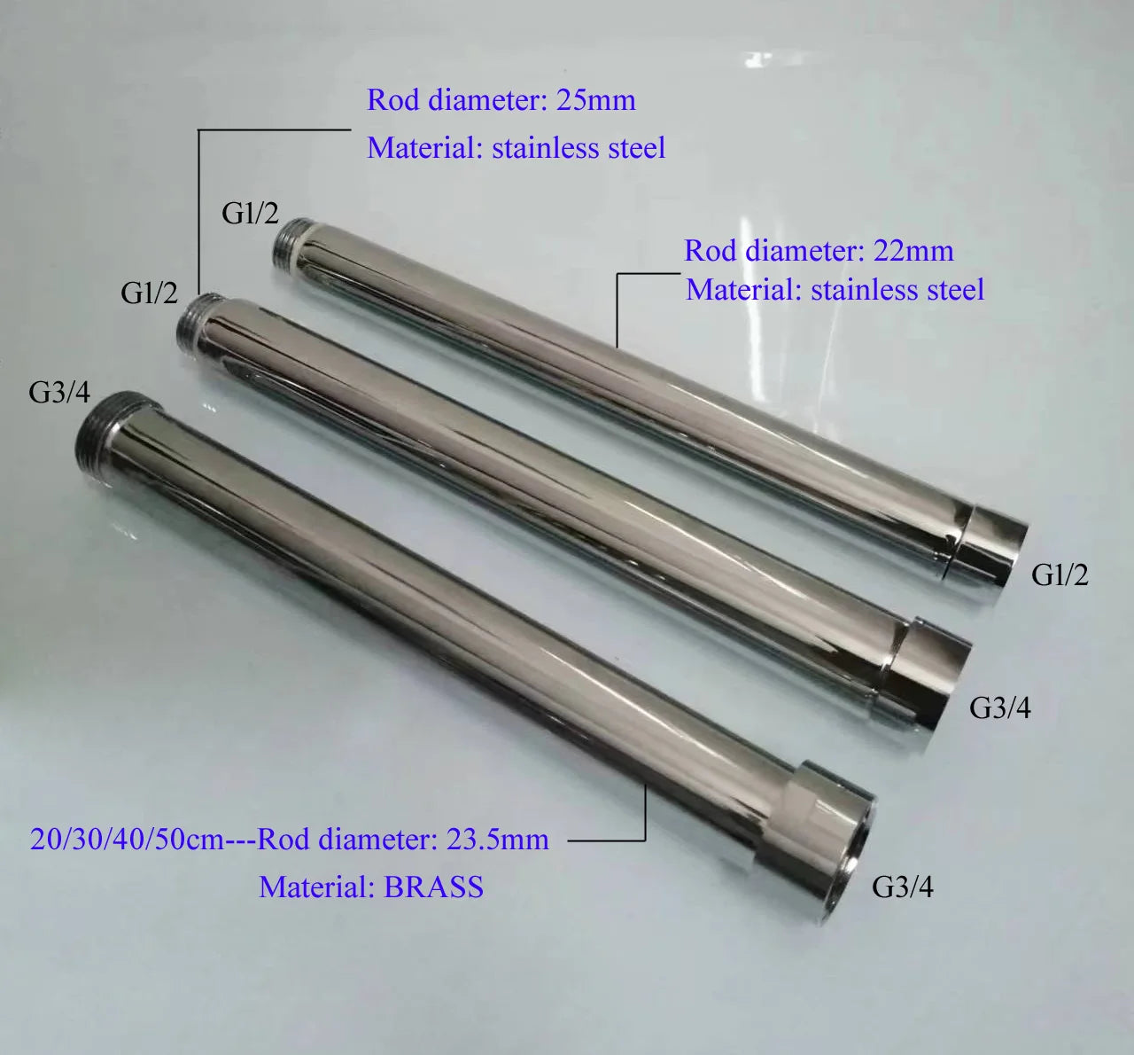 10/20/30/40/50/60/70cm brass/stainless steel shower extension rod, shower lengthen pipe