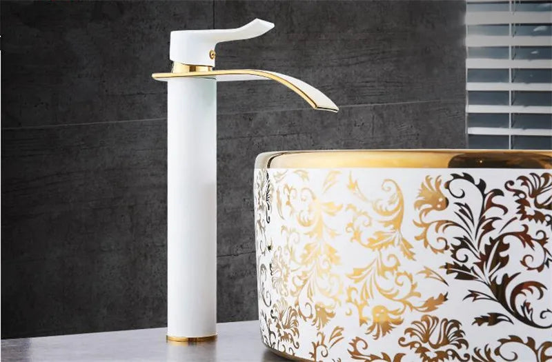 Basin Faucet Gold and white Waterfall Faucet Brass Bathroom Faucet Mixer Tap Hot and Cold Sink