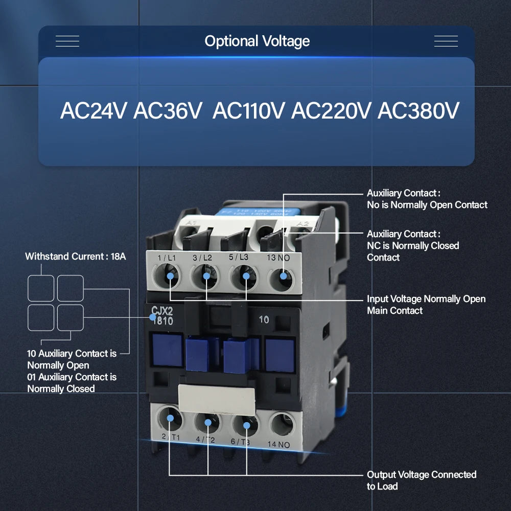 CJX2-1810 LC1 AC Contactor 18A 3 Phase 3-Pole NO Coil Voltage 380V 220V 110V 36V 24V 50/60Hz Din Rail Mounted 3P+1NO Normal Open