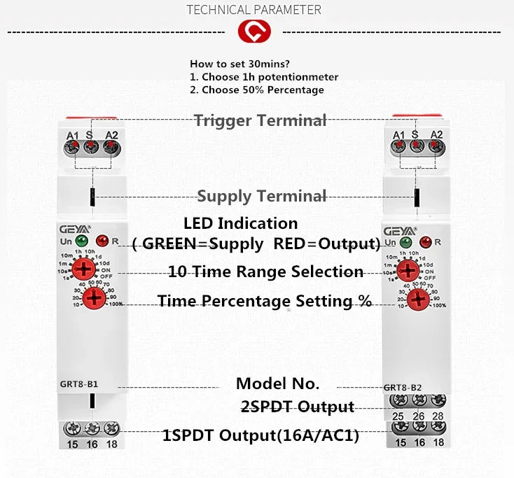 GEYA GRT8-B Off Delay Time Relay Electronic 16A AC230V OR AC/DC12-240V CE CB Approved