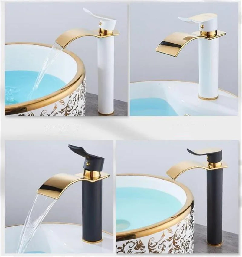 Basin Faucet Gold and white Waterfall Faucet Brass Bathroom Faucet Mixer Tap Hot and Cold Sink