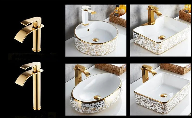 Basin Faucet Gold and white Waterfall Faucet Brass Bathroom Faucet Mixer Tap Hot and Cold Sink