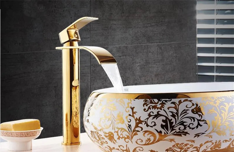 Basin Faucet Gold and white Waterfall Faucet Brass Bathroom Faucet Mixer Tap Hot and Cold Sink