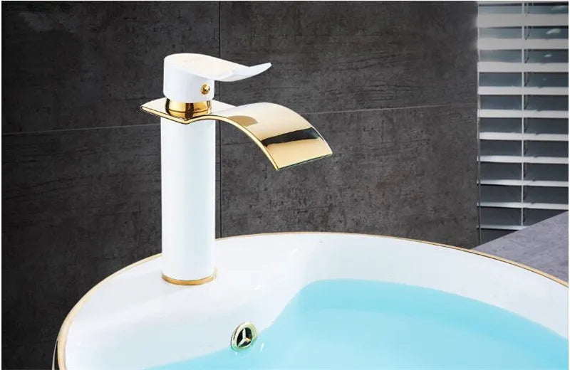 Basin Faucet Gold and white Waterfall Faucet Brass Bathroom Faucet Mixer Tap Hot and Cold Sink